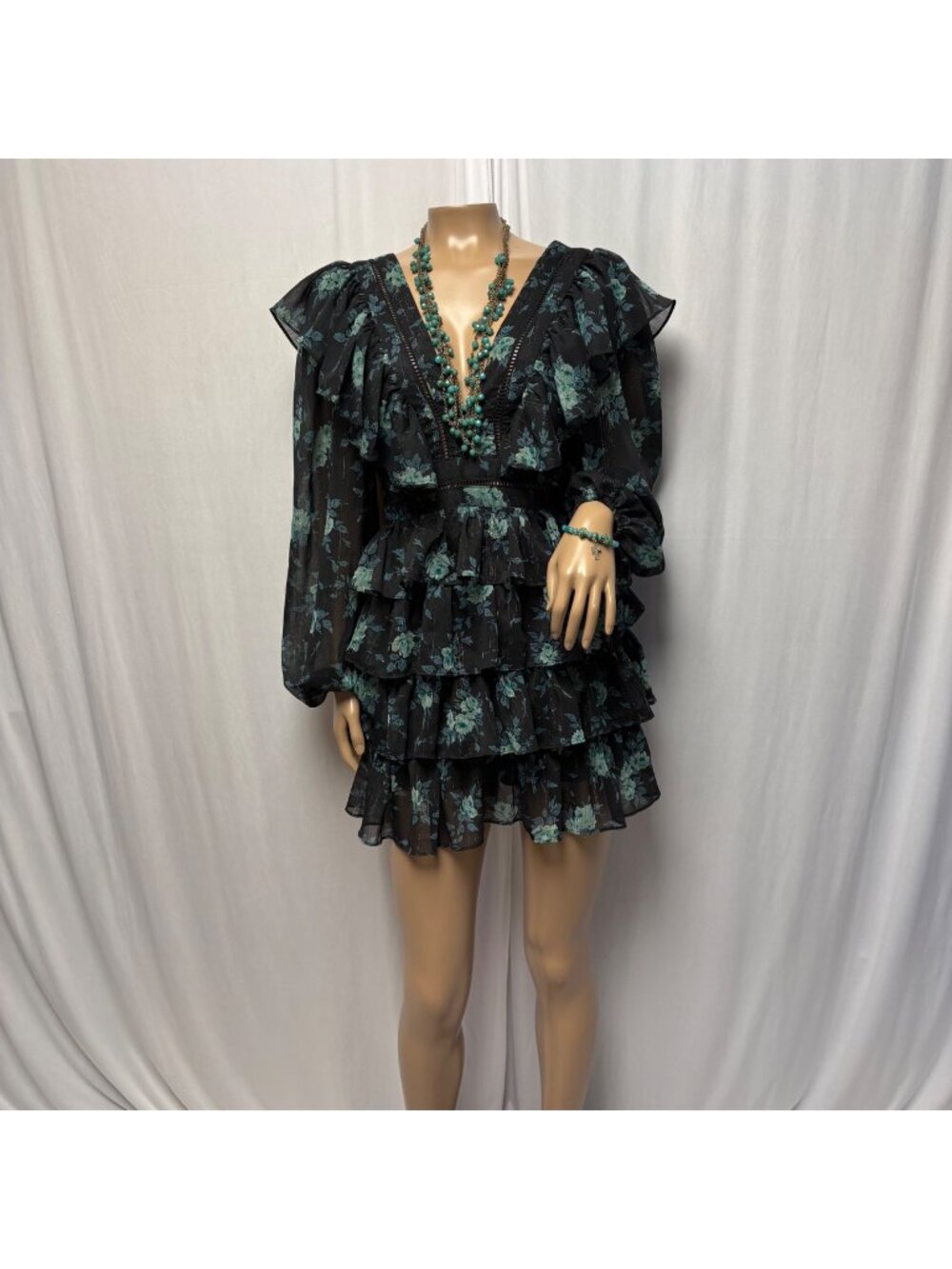 Altar'd State Black Floral Tiered Ruffle Mini Dress Size XS Lace-Up Back Maisley